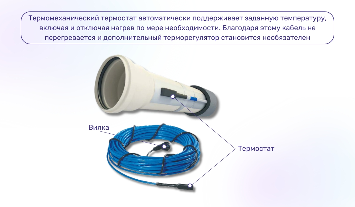 Резистивный нагревательный кабель со встроенным термостатом и вилкой дает возможность подключения без отдельного терморегулятора