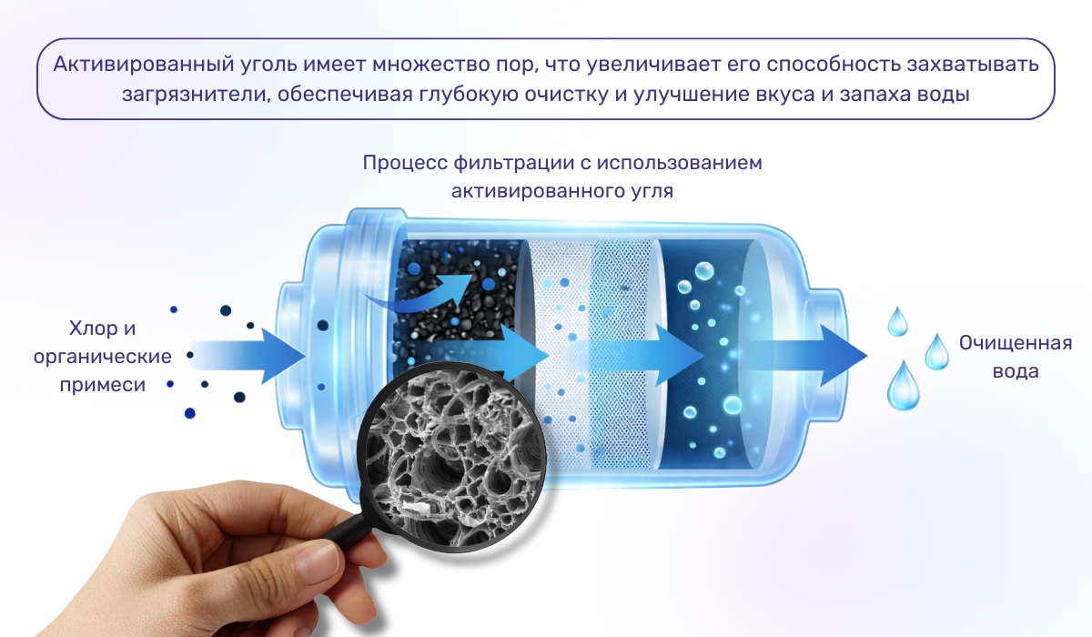 Что представляет собой процесс фильтрации воды: процесс очистки воды с помощью активированного угля