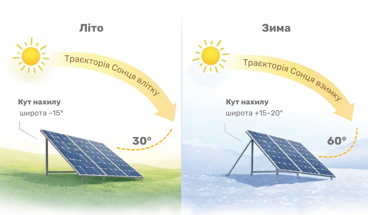 Різниця в куті нахилу сонячних панелей на даху приватного будинку влітку та взимку