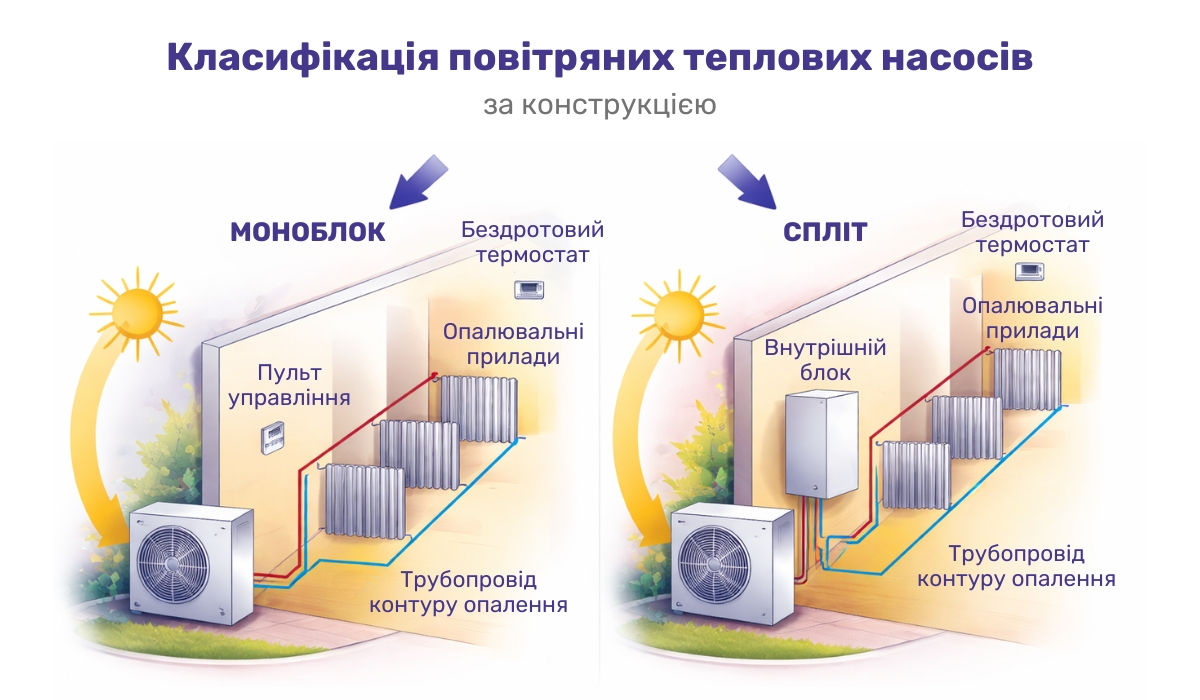 Класифікація повітряних теплових насосів за конструкцією які можуть бути варіанти