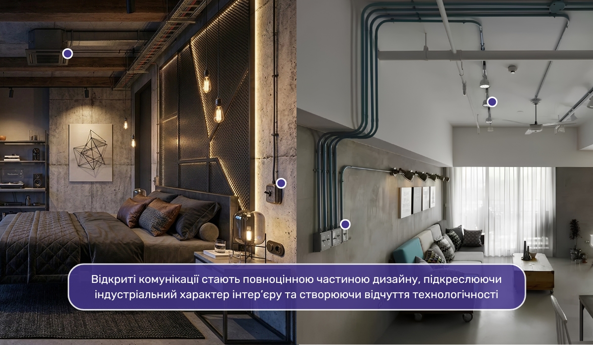 Відкриті комунікації — одна з ключових особливостей інтер’єру в стилі техно