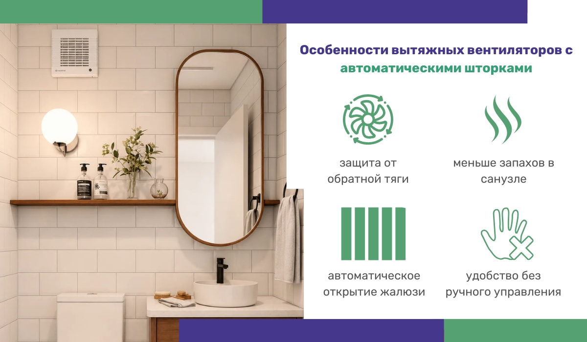 Особенности вытяжных вентиляторов с автоматическими шторками для туалета