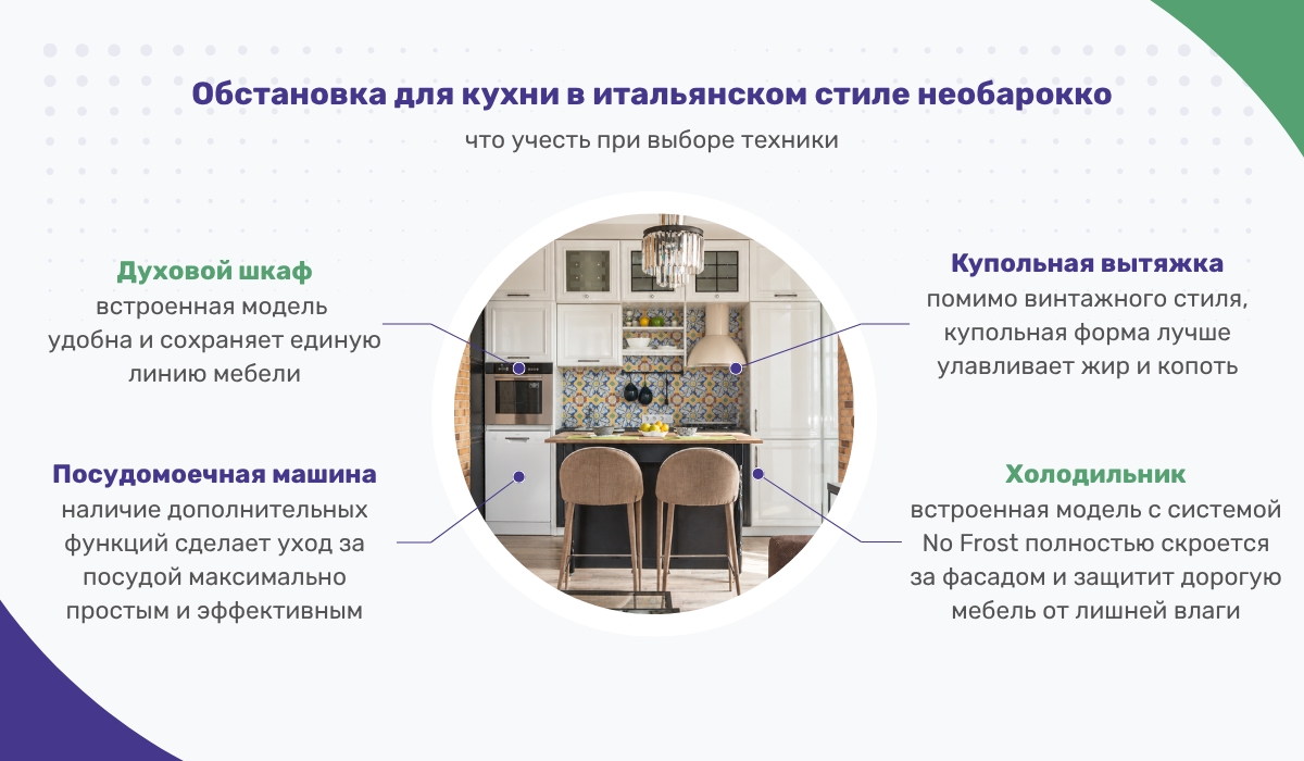 Обстановка для кухни в итальянском стиле необарокко: что учесть при выборе техники