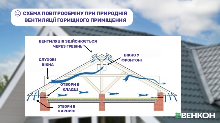 Схема повітрообміну при природній вентиляції горищного приміщення