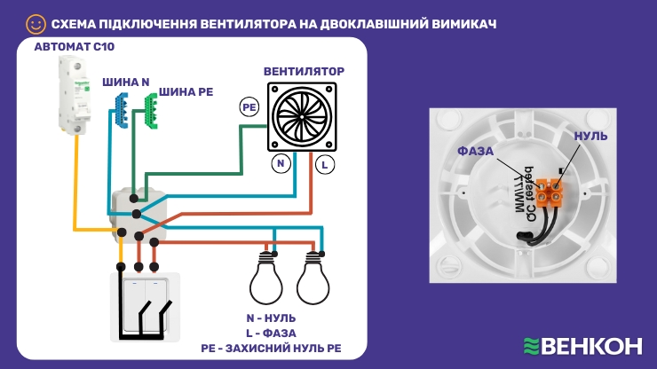 Схема підключення вентилятора на двоклавішний вимикач