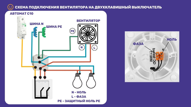 Схема подключения вентилятора на двухклавишный выключатель