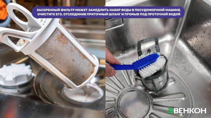 Проблемы с набором воды в посудомоечной машине из-за засоренного приточного фильтра