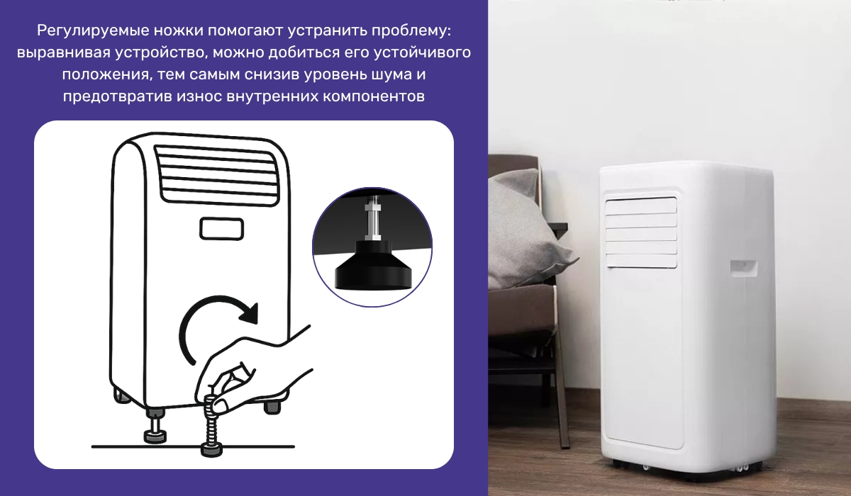 Неправильная регулировка ножек мобильного кондиционера может привести к посторонним звукам