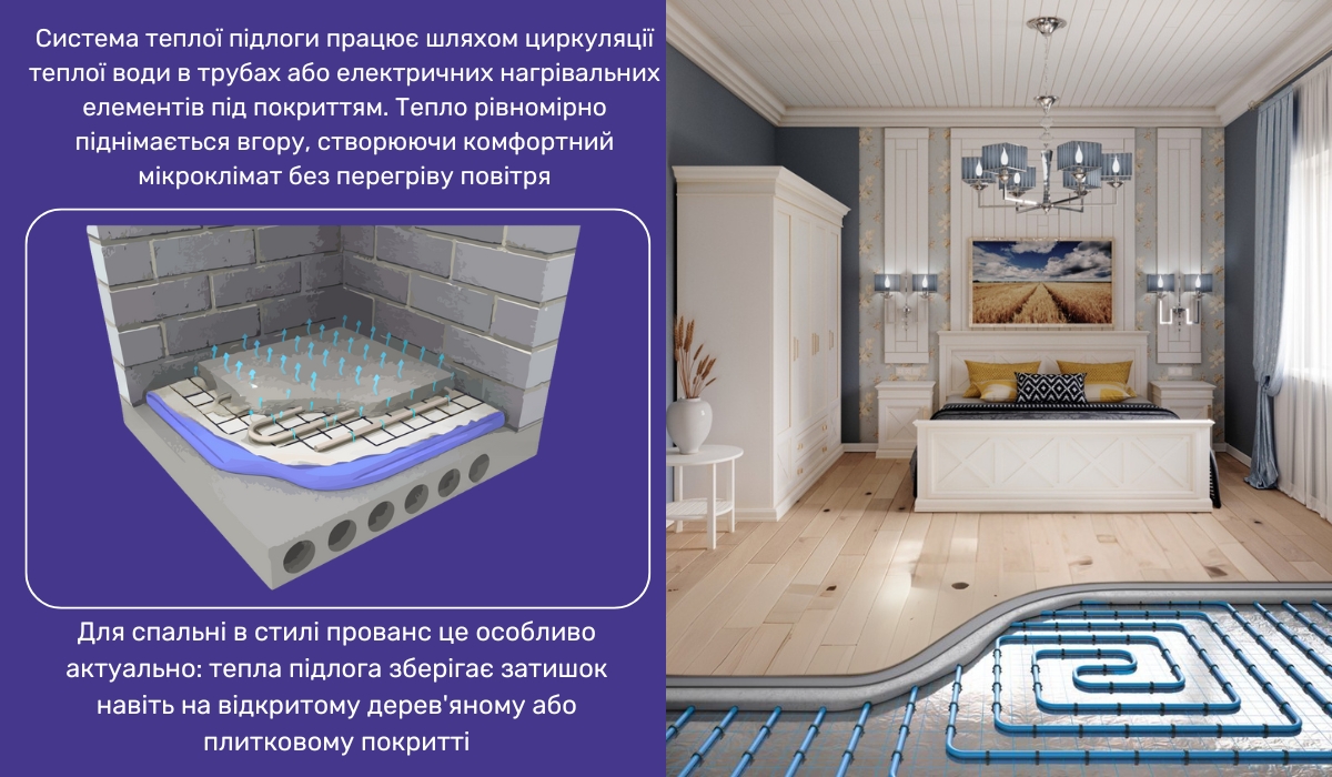Тепла підлога - практичне й естетичне рішення для спальні в стилі прованс