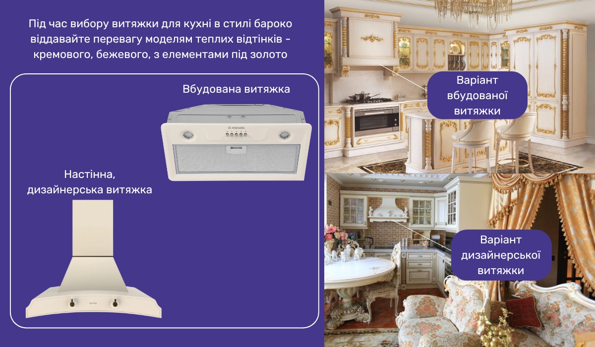 Вентиляція і дизайн кухні в стилі бароко: відповідні моделі витяжки